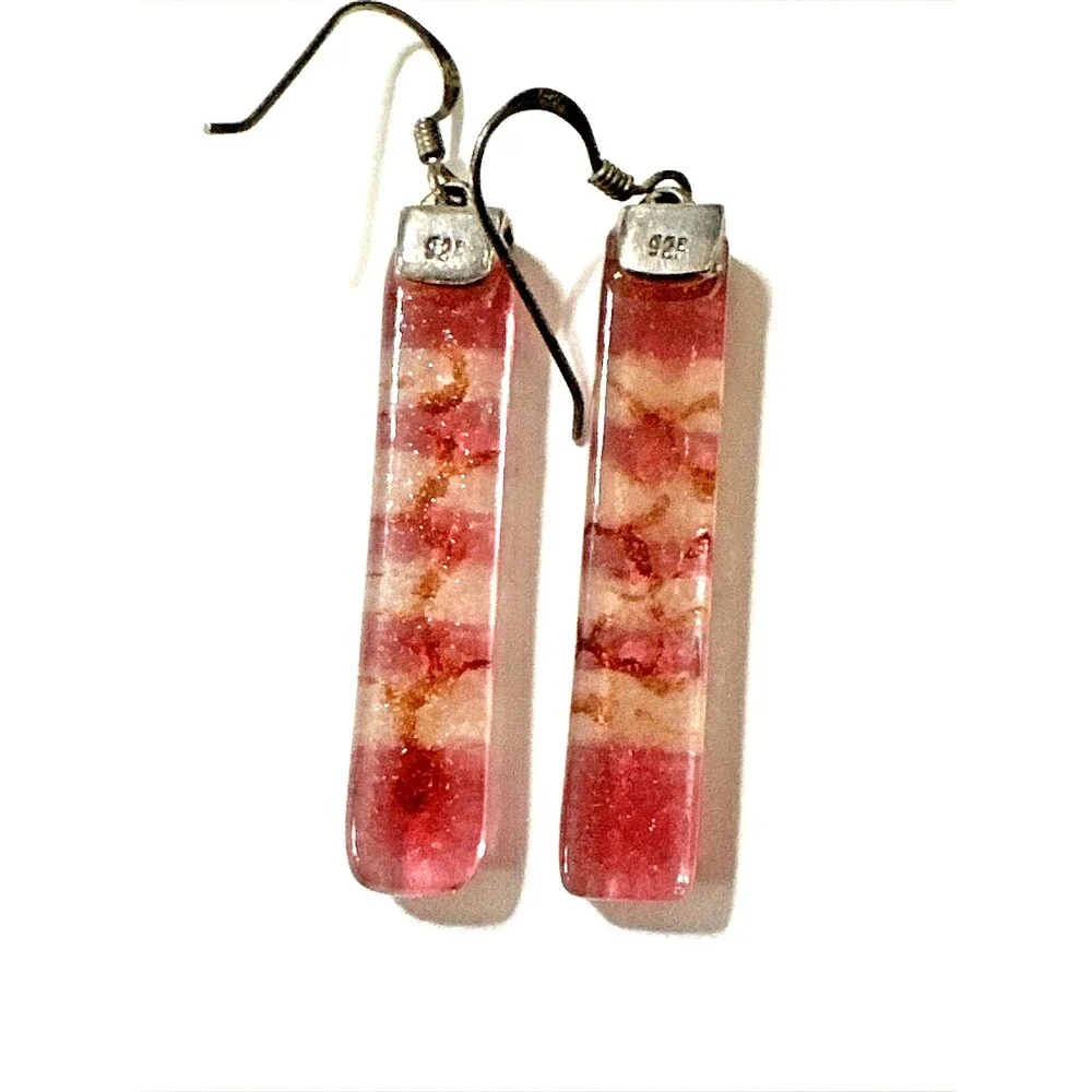 Artisan Lampwork Glass Bar Earrings Pink Gold Horizontal Stripe 925 Silver 1.5